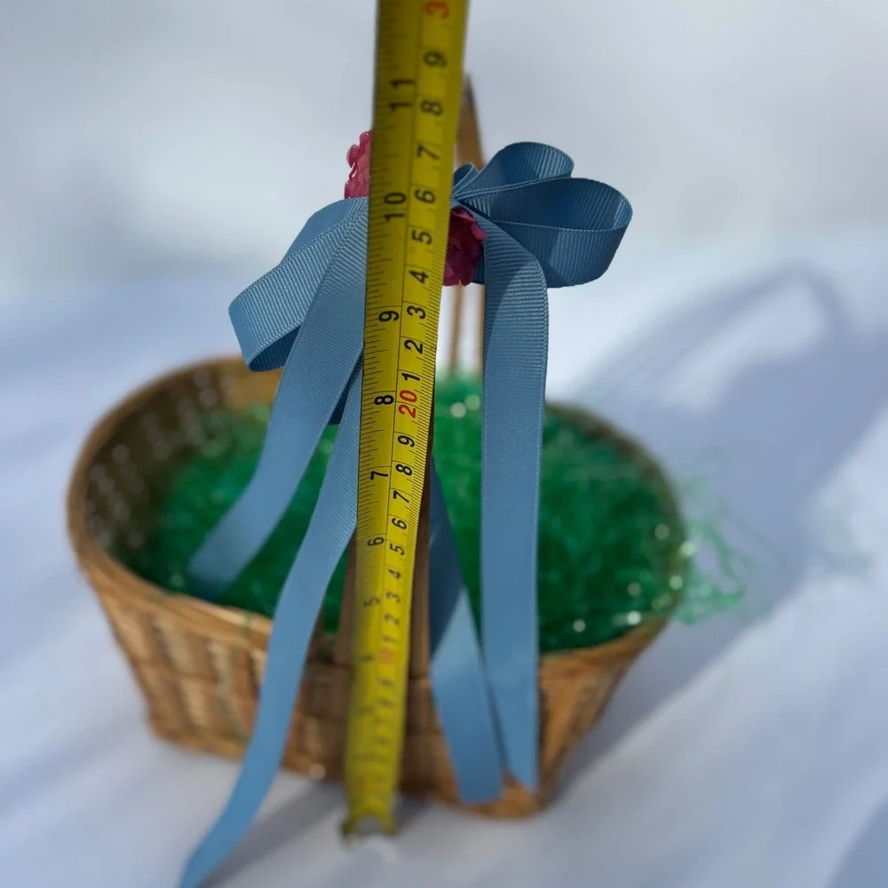 Woven Bamboo Easter Basket Blue Ribbon Bow Pink Flowers Green Grass‎ 10.5in